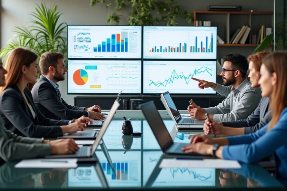 Equipo de trabajo colaborando en una sala moderna con pantallas y gráficos empresariales
