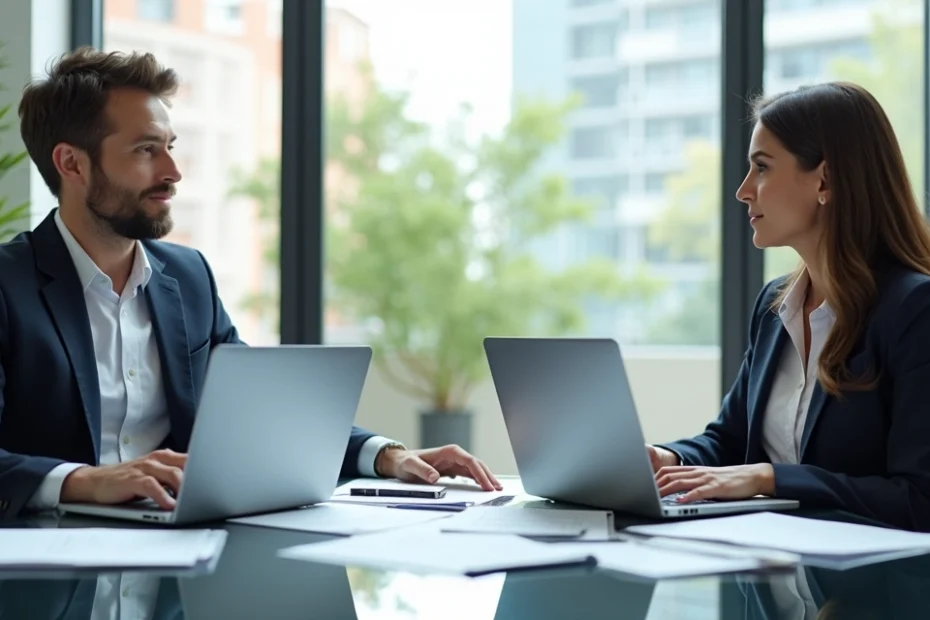 Dos personas negociando en una oficina moderna, mesa con documentos y portátil abierto