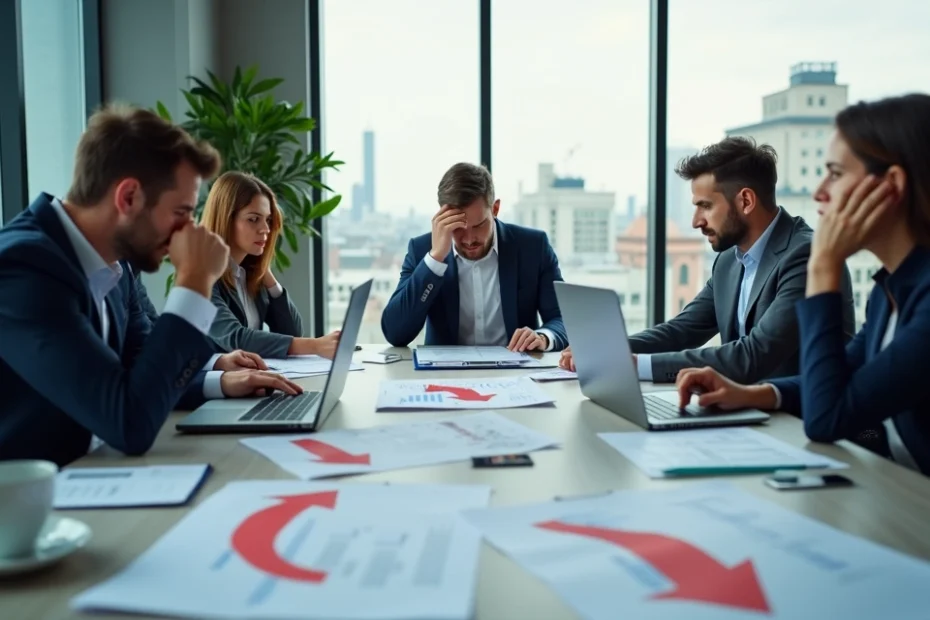 Oficina con empresarios frustrados alrededor de una mesa con documentos y gráficos en declive