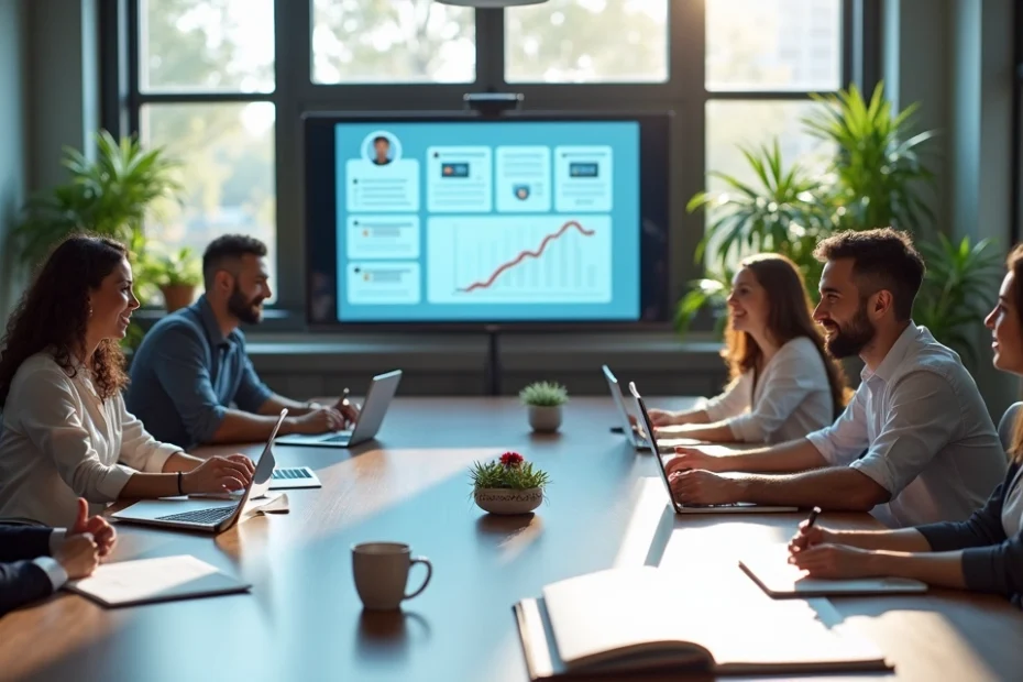 Equipo de trabajo revisando comentarios de clientes en una reunión con pantallas y notas