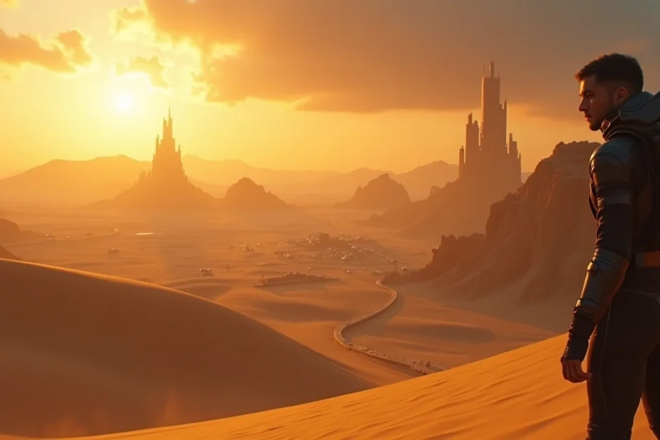 Protagonista en desierto futurista con enormes dunas y naves en el cielo