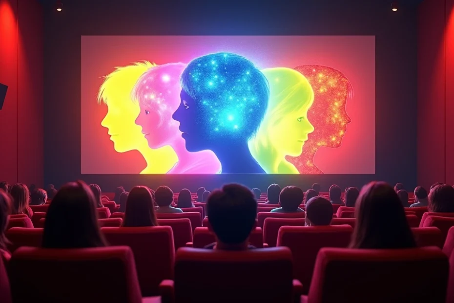Ilustración de siluetas humanas con emociones de colores en una sala de cine