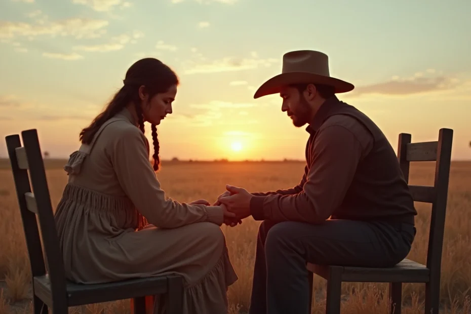 Dos personas sentadas frente a frente tomándose de las manos en una llanura al atardecer