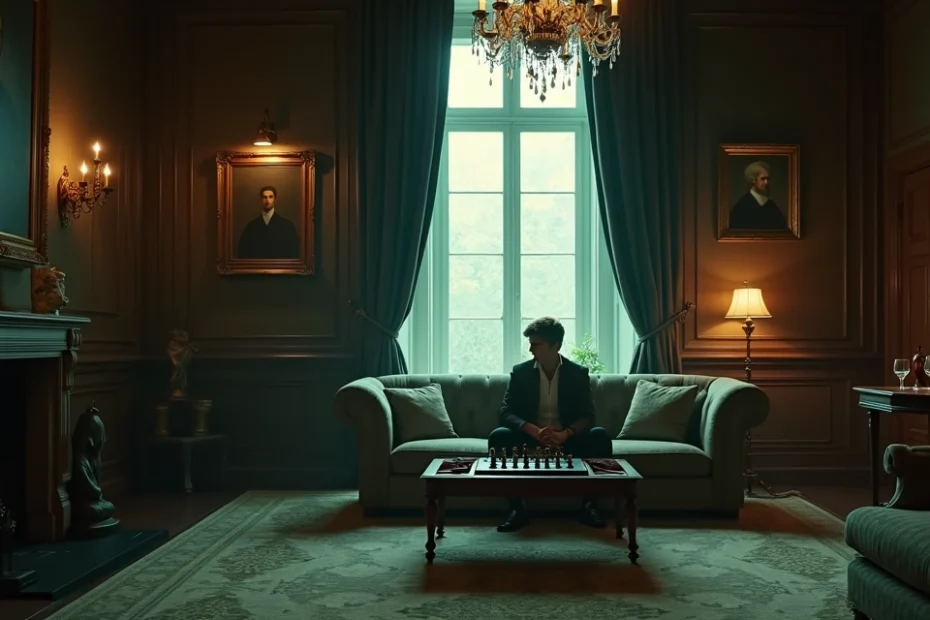 Joven pensativo en un salón de mansión antigua con detalles inquietantes ocultos