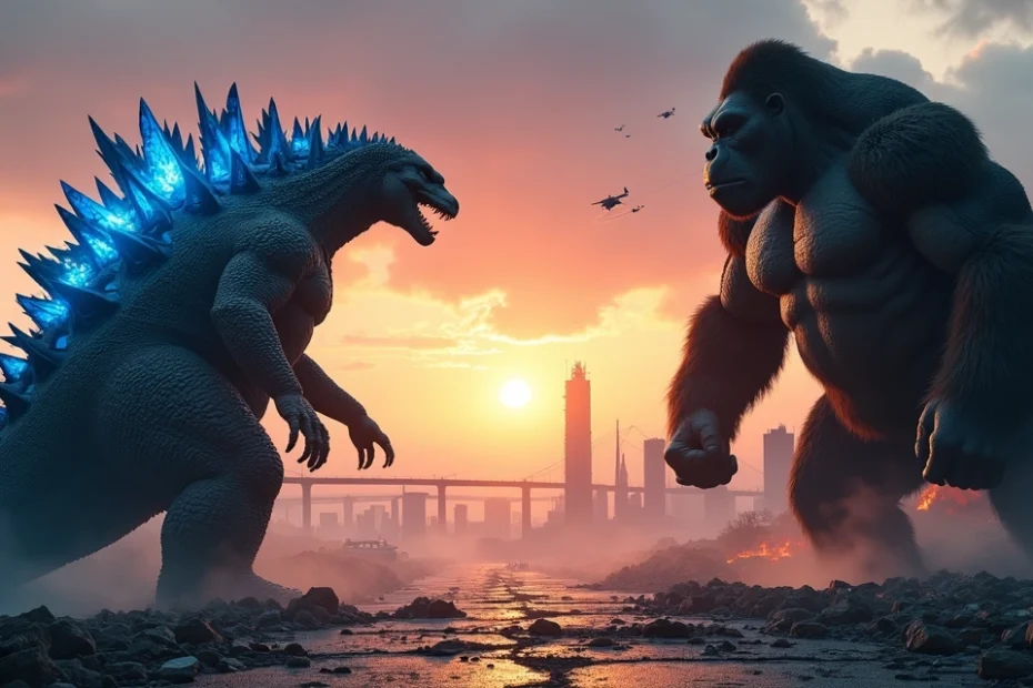 Godzilla y Kong gigantes frente a frente en una ciudad destruida al atardecer