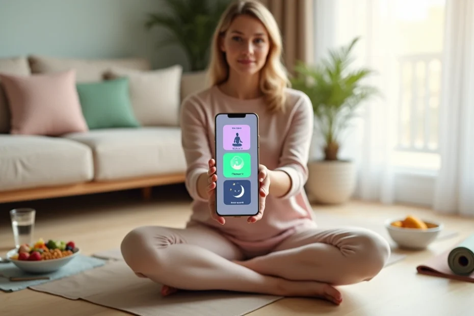 Mujer usando app de bienestar que une meditación, alimentación y descanso