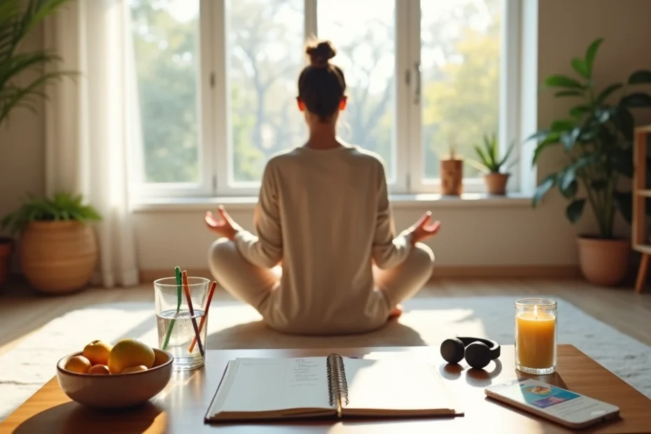 Persona organizando una rutina de autocuidado físico y mental en casa