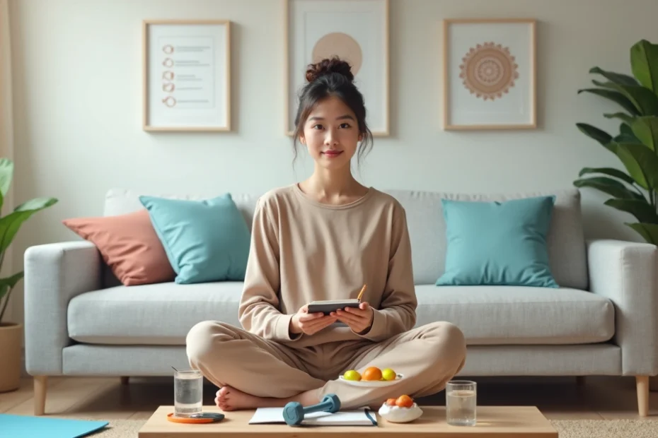 Persona relajada combinando prácticas de bienestar en un espacio acogedor