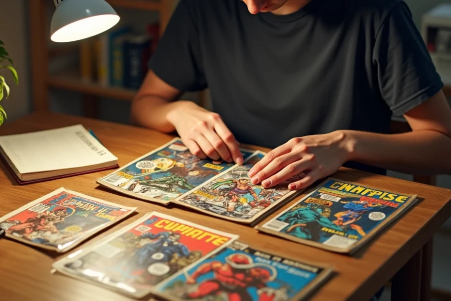 Joven organizando una pequeña colección de cómics económicos sobre una mesa de madera