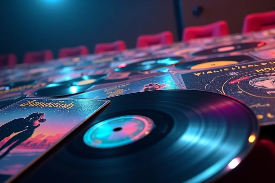 Collage de portadas de álbumes de cine icónicos sobre fondo oscuro