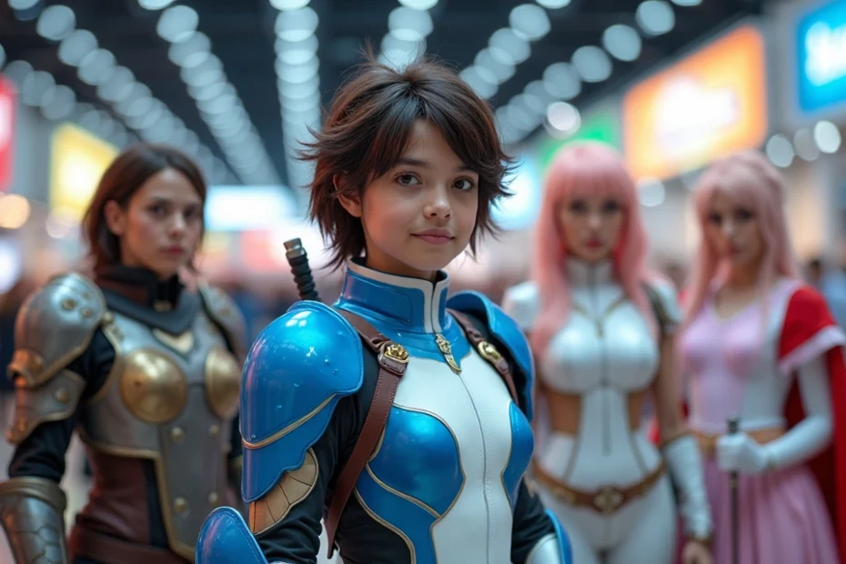 Grupo de cosplayers posando en un evento con disfraces detallados