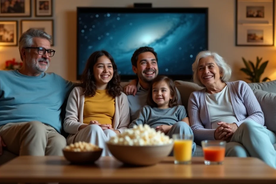 Familia multigeneracional viendo una película juntos en la sala