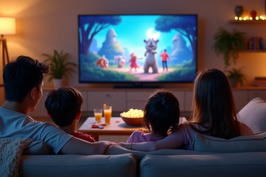 Familia reunida en el sofá viendo una película animada en la televisión