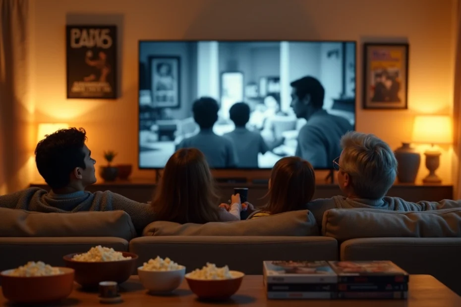 Familia reunida en el sofá viendo una película clásica en la televisión