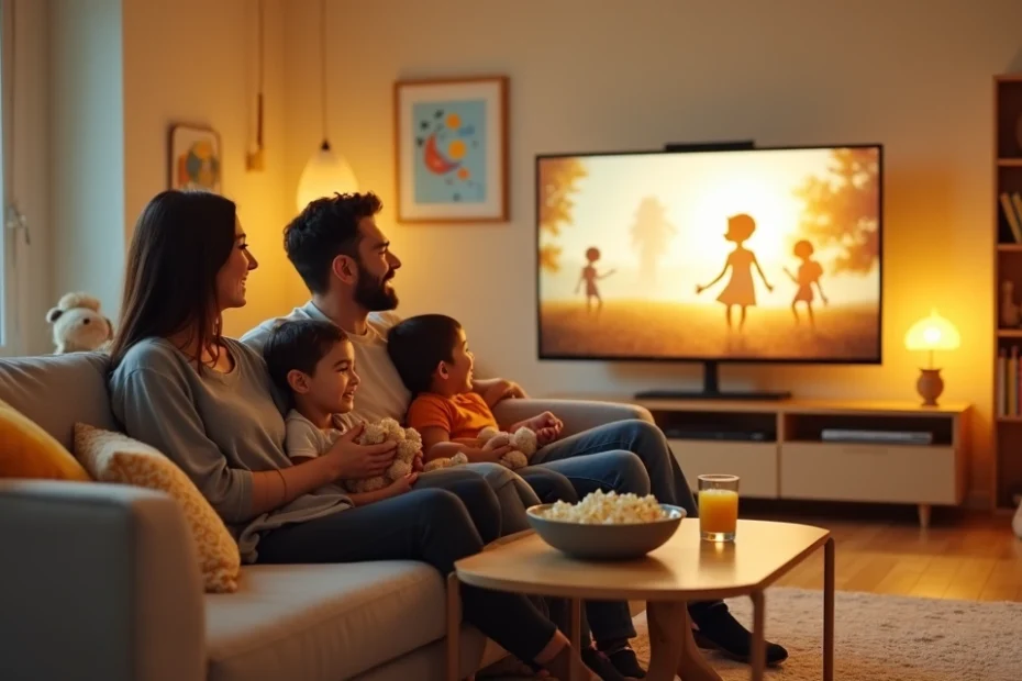 Familia con niños pequeños viendo una comedia en la sala de estar