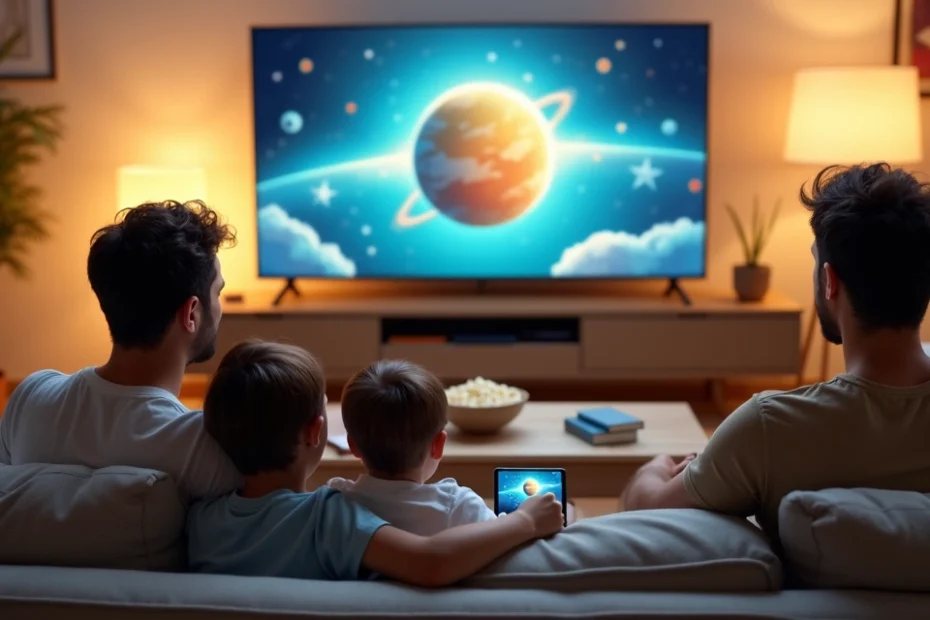Familia sentada en el sofá viendo una película educativa en la sala