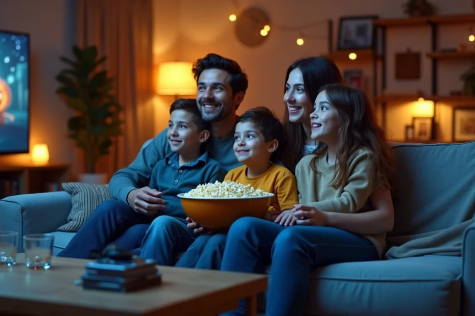 Familia viendo una película en el sofá con palomitas y luz cálida