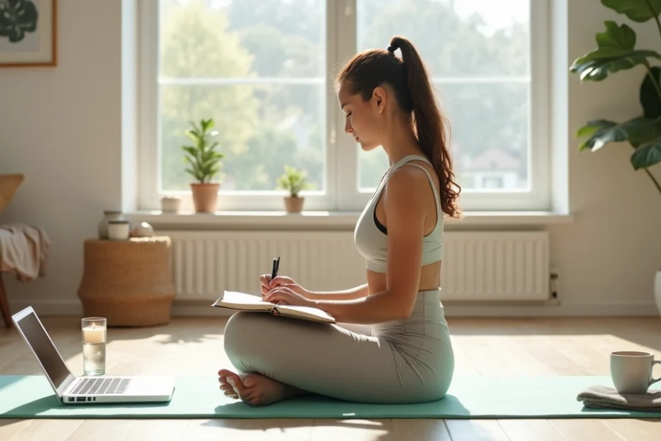 Mujer haciendo yoga y journaling en una sala luminosa por la mañana