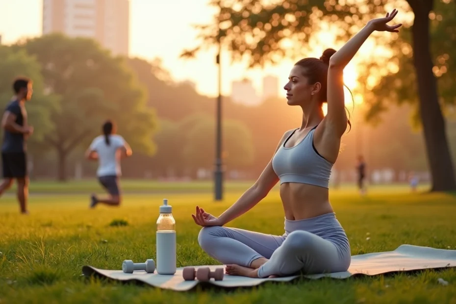 Mujer haciendo ejercicio y meditando en un parque al amanecer
