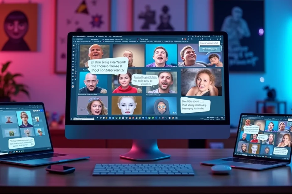 Collage de memes en pantallas de dispositivos digitales sobre fondo colorido