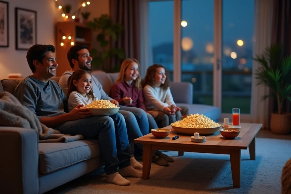Familia viendo una película juntos en el sofá con palomitas y manta