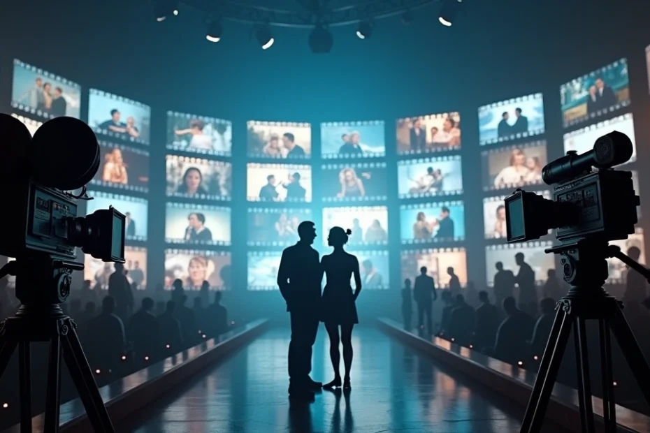 Collage de escenas de cine clásico y moderno repetidas en varias pantallas