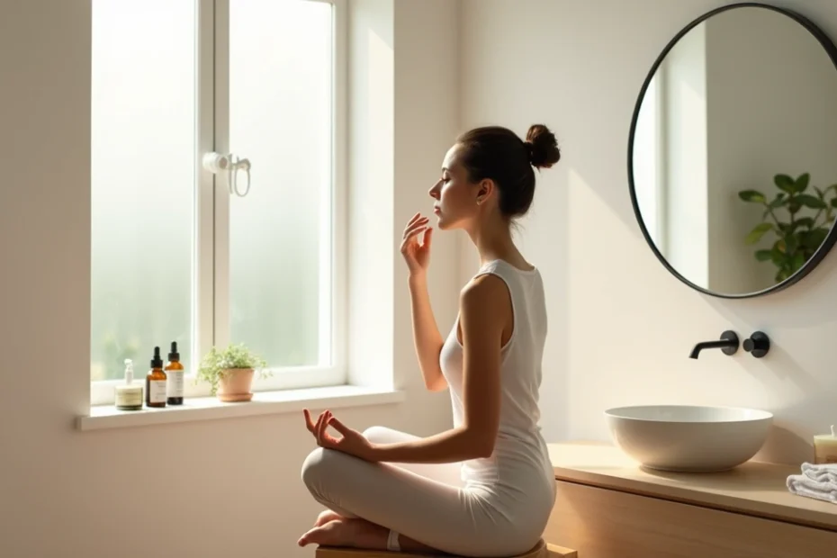 Mujer aplicando skincare mientras medita en un baño iluminado por la mañana