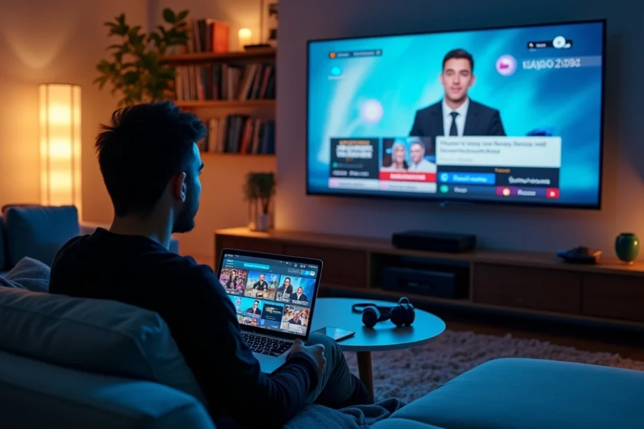 Persona viendo al mismo tiempo streaming en laptop y TV tradicional en un salón moderno